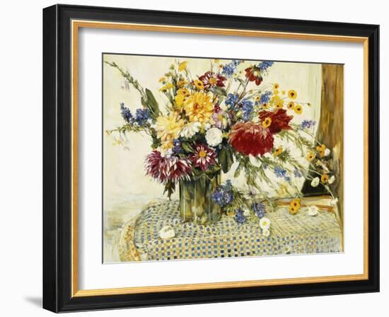 Delphiniums, Roses, Peonies, Dahlias and Other Flowers in a Glass Vase-Ferdinand Brod-Framed Giclee Print