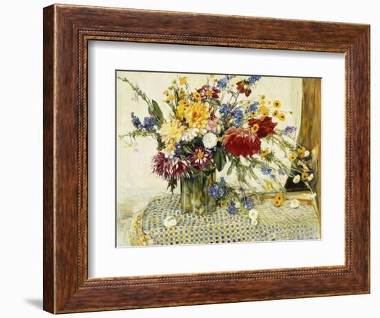 Delphiniums, Roses, Peonies, Dahlias and Other Flowers in a Glass Vase-Ferdinand Brod-Framed Giclee Print