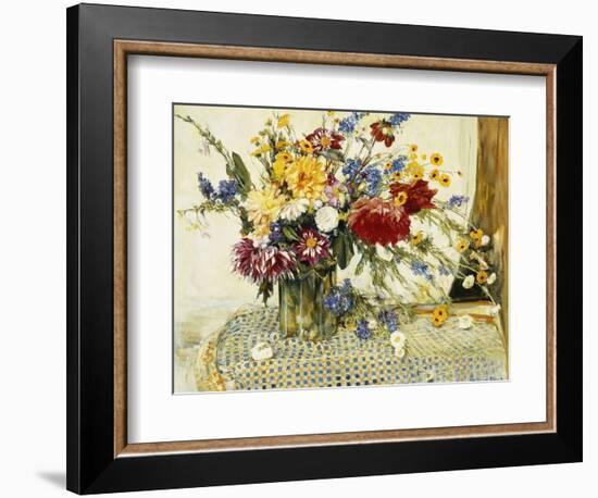 Delphiniums, Roses, Peonies, Dahlias and Other Flowers in a Glass Vase-Ferdinand Brod-Framed Giclee Print