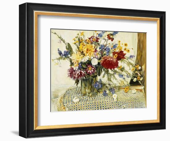 Delphiniums, Roses, Peonies, Dahlias and Other Flowers in a Glass Vase-Ferdinand Brod-Framed Giclee Print