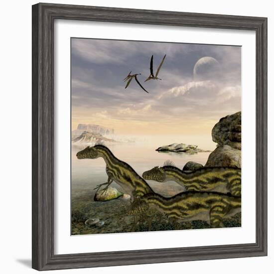 Deltadromeus Dinosaurs Search the Shoreline for Food to Eat-Stocktrek Images-Framed Art Print