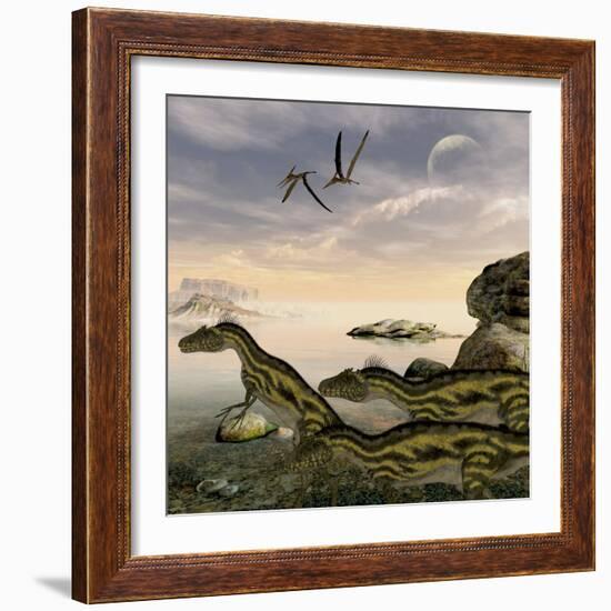 Deltadromeus Dinosaurs Search the Shoreline for Food to Eat-Stocktrek Images-Framed Art Print