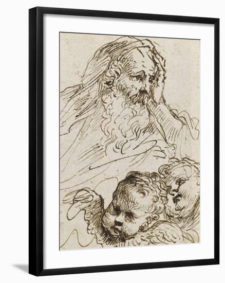 Demi-figure de vieillard et deux têtes d'anges ; Demi-figure d'homme nu, assis, tourné vers droite-Guerchin Le-Framed Giclee Print