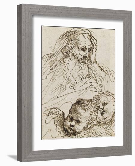 Demi-figure de vieillard et deux têtes d'anges ; Demi-figure d'homme nu, assis, tourné vers droite-Guerchin Le-Framed Giclee Print