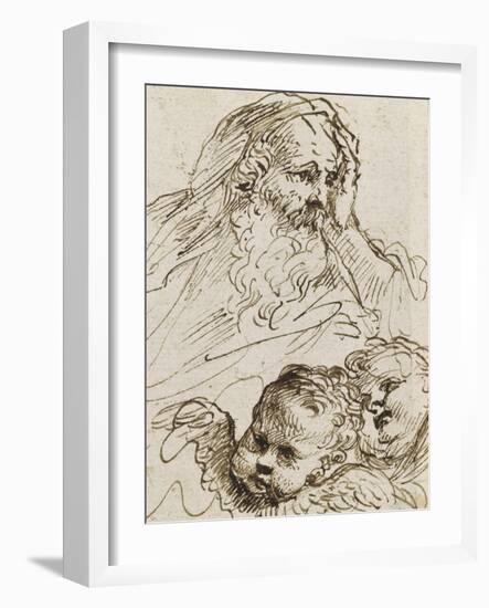 Demi-figure de vieillard et deux têtes d'anges ; Demi-figure d'homme nu, assis, tourné vers droite-Guerchin Le-Framed Giclee Print