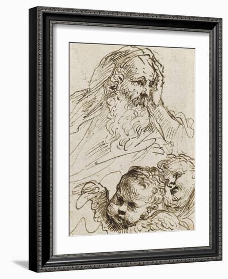 Demi-figure de vieillard et deux têtes d'anges ; Demi-figure d'homme nu, assis, tourné vers droite-Guerchin Le-Framed Giclee Print