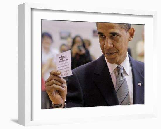 Democratic Candidate for President, Barack Obama Holding Up Voting Receipt, Chicago, Nov 4, 2008-null-Framed Photographic Print