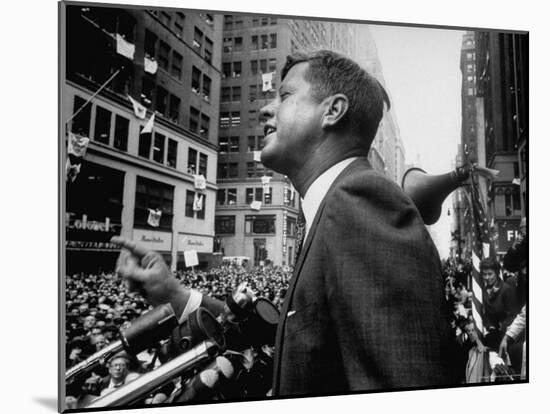 Democratic Presidential Candidate John Kennedy Speaking From Podium to Crowd in Street-Paul Schutzer-Mounted Photographic Print