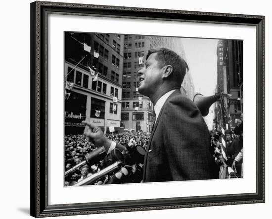 Democratic Presidential Candidate John Kennedy Speaking From Podium to Crowd in Street-Paul Schutzer-Framed Photographic Print