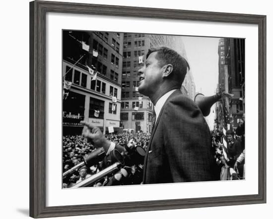 Democratic Presidential Candidate John Kennedy Speaking From Podium to Crowd in Street-Paul Schutzer-Framed Photographic Print