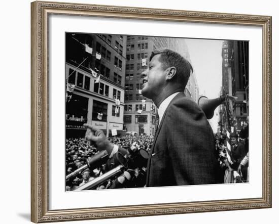 Democratic Presidential Candidate John Kennedy Speaking From Podium to Crowd in Street-Paul Schutzer-Framed Photographic Print