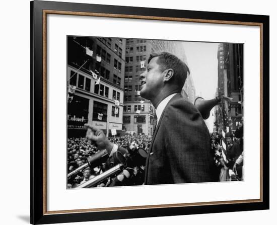 Democratic Presidential Candidate John Kennedy Speaking From Podium to Crowd in Street-Paul Schutzer-Framed Photographic Print