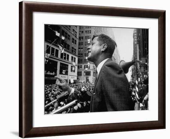 Democratic Presidential Candidate John Kennedy Speaking From Podium to Crowd in Street-Paul Schutzer-Framed Photographic Print