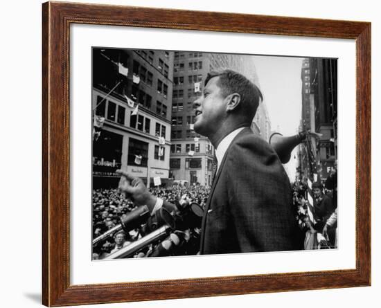 Democratic Presidential Candidate John Kennedy Speaking From Podium to Crowd in Street-Paul Schutzer-Framed Photographic Print