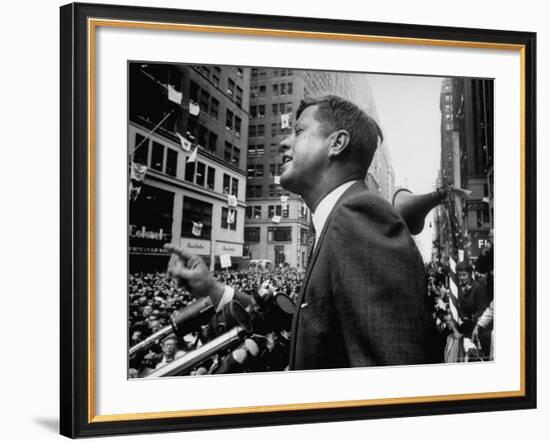 Democratic Presidential Candidate John Kennedy Speaking From Podium to Crowd in Street-Paul Schutzer-Framed Photographic Print