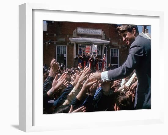 Democratic Presidential Contender Bobby Kennedy Shaking Hands in Crowd During Campaign Event-Bill Eppridge-Framed Photographic Print
