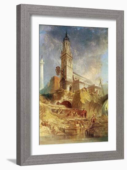 Demolishing Old London Bridge, with St. Magnus the Martyr behind (Oil on Canvas)-James Holland-Framed Giclee Print