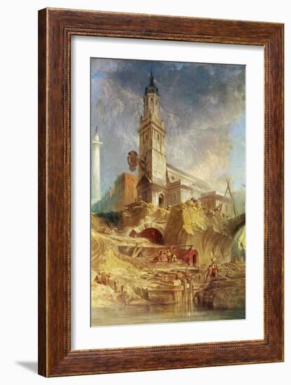 Demolishing Old London Bridge, with St. Magnus the Martyr behind (Oil on Canvas)-James Holland-Framed Giclee Print