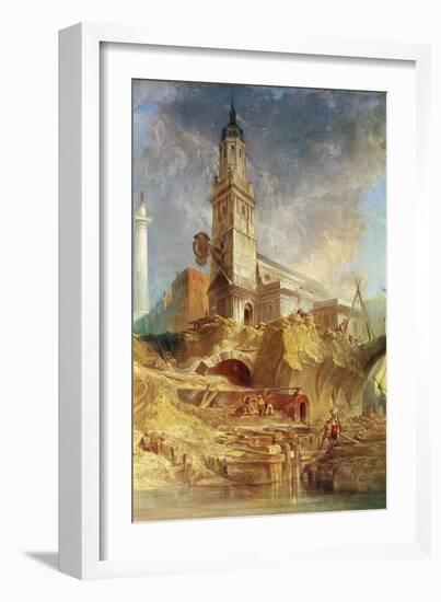 Demolishing Old London Bridge, with St. Magnus the Martyr behind (Oil on Canvas)-James Holland-Framed Giclee Print