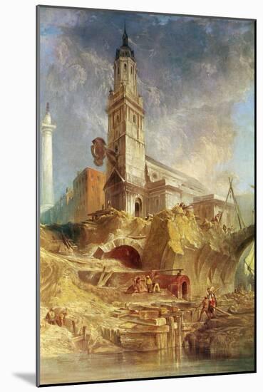 Demolishing Old London Bridge, with St. Magnus the Martyr behind (Oil on Canvas)-James Holland-Mounted Giclee Print