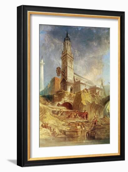 Demolishing Old London Bridge, with St. Magnus the Martyr behind (Oil on Canvas)-James Holland-Framed Giclee Print