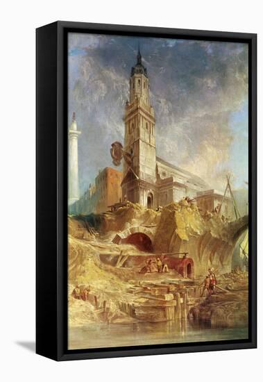 Demolishing Old London Bridge, with St. Magnus the Martyr behind (Oil on Canvas)-James Holland-Framed Premier Image Canvas