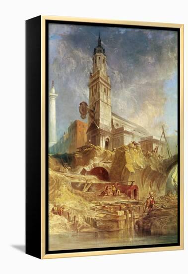 Demolishing Old London Bridge, with St. Magnus the Martyr behind (Oil on Canvas)-James Holland-Framed Premier Image Canvas