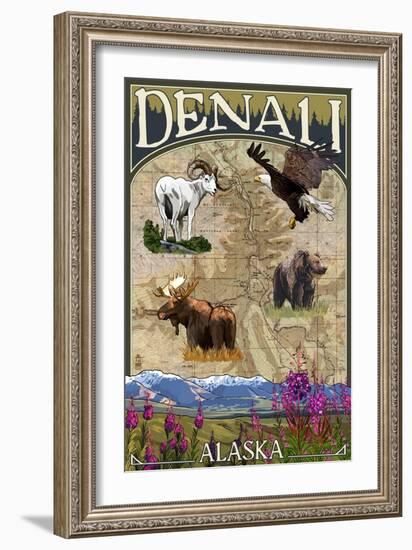 Denali, Alaska - Topographical Map-Lantern Press-Framed Art Print