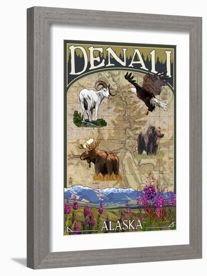 Denali, Alaska - Topographical Map-Lantern Press-Framed Art Print