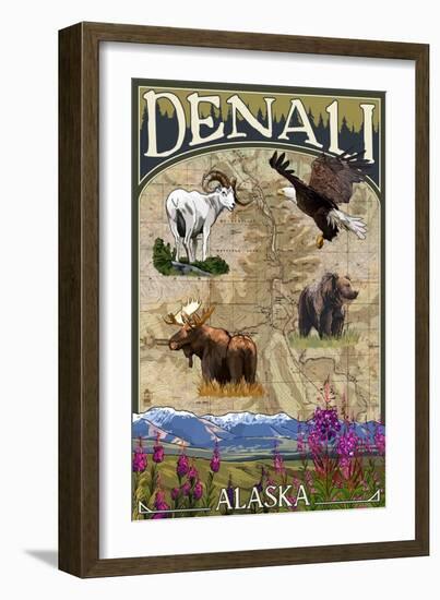 Denali, Alaska - Topographical Map-Lantern Press-Framed Art Print