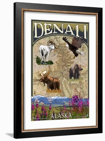 Denali, Alaska - Topographical Map-Lantern Press-Framed Art Print