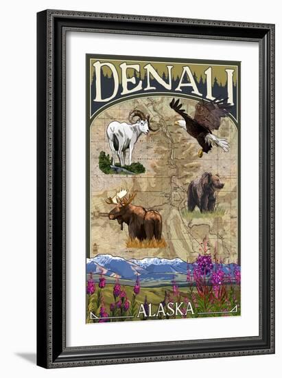 Denali, Alaska - Topographical Map-Lantern Press-Framed Art Print