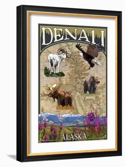 Denali, Alaska - Topographical Map-Lantern Press-Framed Art Print