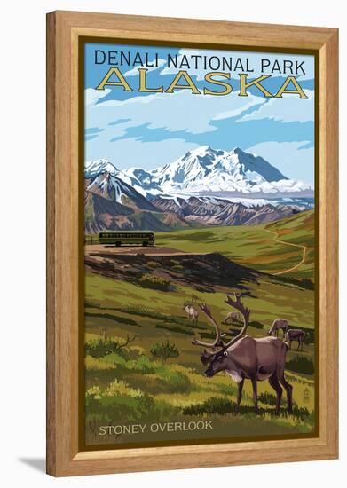 Denali National Park, Alaska - Caribou and Stoney Overlook-Lantern Press-Framed Stretched Canvas