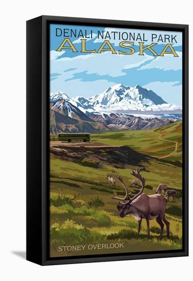 Denali National Park, Alaska - Caribou and Stoney Overlook-Lantern Press-Framed Stretched Canvas