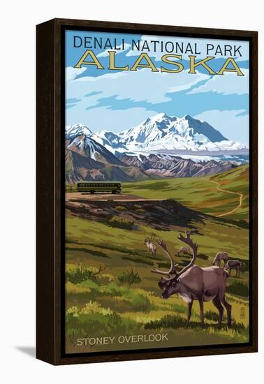 Denali National Park, Alaska - Caribou and Stoney Overlook-Lantern Press-Framed Stretched Canvas