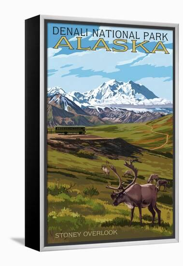 Denali National Park, Alaska - Caribou and Stoney Overlook-Lantern Press-Framed Stretched Canvas