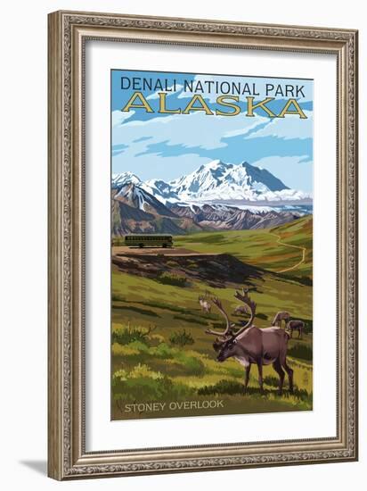 Denali National Park, Alaska - Caribou and Stoney Overlook-Lantern Press-Framed Premium Giclee Print