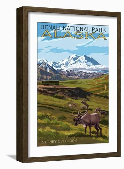 Denali National Park, Alaska - Caribou and Stoney Overlook-Lantern Press-Framed Premium Giclee Print