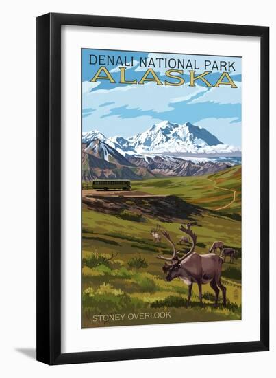 Denali National Park, Alaska - Caribou and Stoney Overlook-Lantern Press-Framed Premium Giclee Print