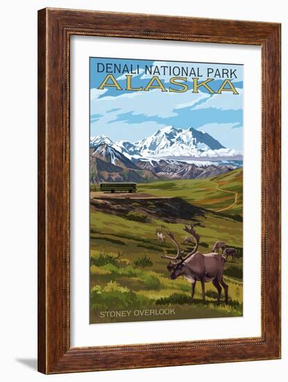 Denali National Park, Alaska - Caribou and Stoney Overlook-Lantern Press-Framed Art Print