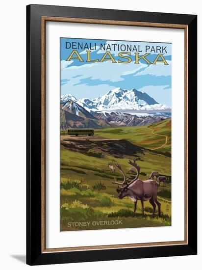 Denali National Park, Alaska - Caribou and Stoney Overlook-Lantern Press-Framed Art Print