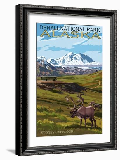 Denali National Park, Alaska - Caribou and Stoney Overlook-Lantern Press-Framed Art Print