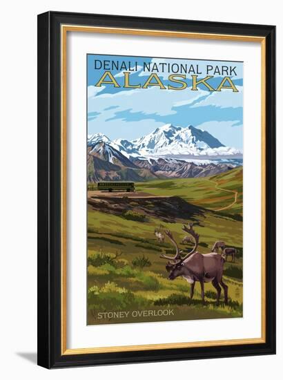 Denali National Park, Alaska - Caribou and Stoney Overlook-Lantern Press-Framed Art Print