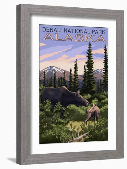 Denali National Park, Alaska - Moose and Calf-Lantern Press-Framed Art Print