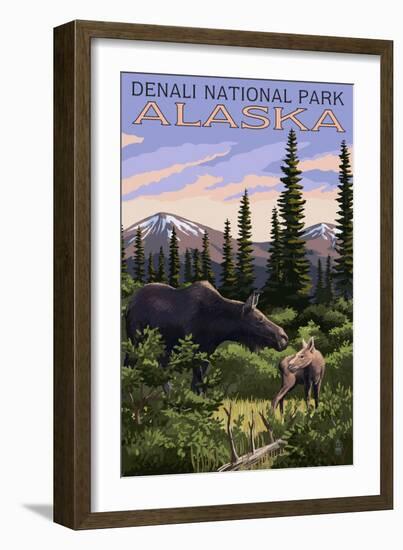 Denali National Park, Alaska - Moose and Calf-Lantern Press-Framed Art Print