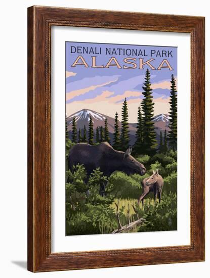 Denali National Park, Alaska - Moose and Calf-Lantern Press-Framed Art Print