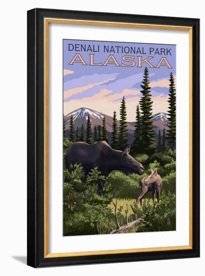 Denali National Park, Alaska - Moose and Calf-Lantern Press-Framed Art Print