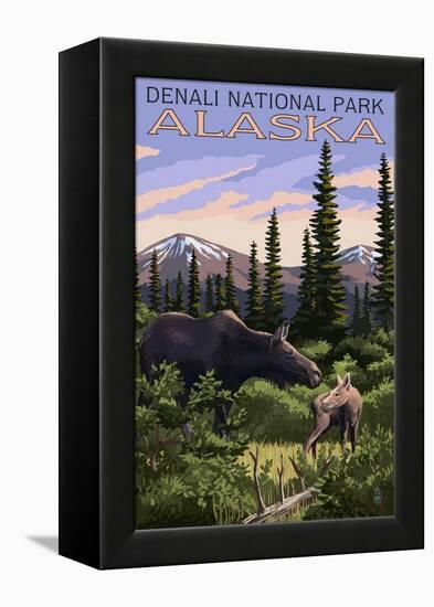 Denali National Park, Alaska - Moose and Calf-Lantern Press-Framed Stretched Canvas