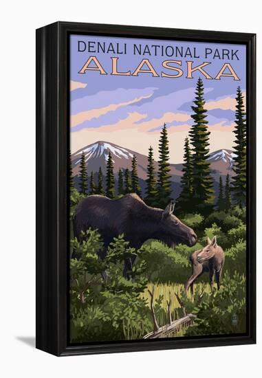 Denali National Park, Alaska - Moose and Calf-Lantern Press-Framed Stretched Canvas